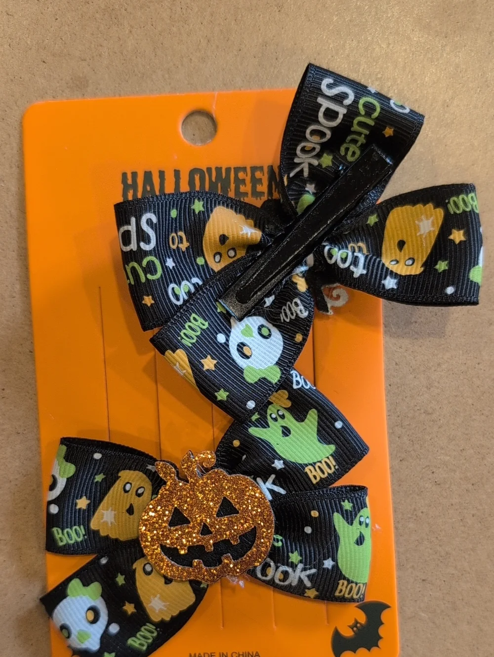 Halloween Kids Hair Bow Clip Set - Black & Orange Pumpkin Design